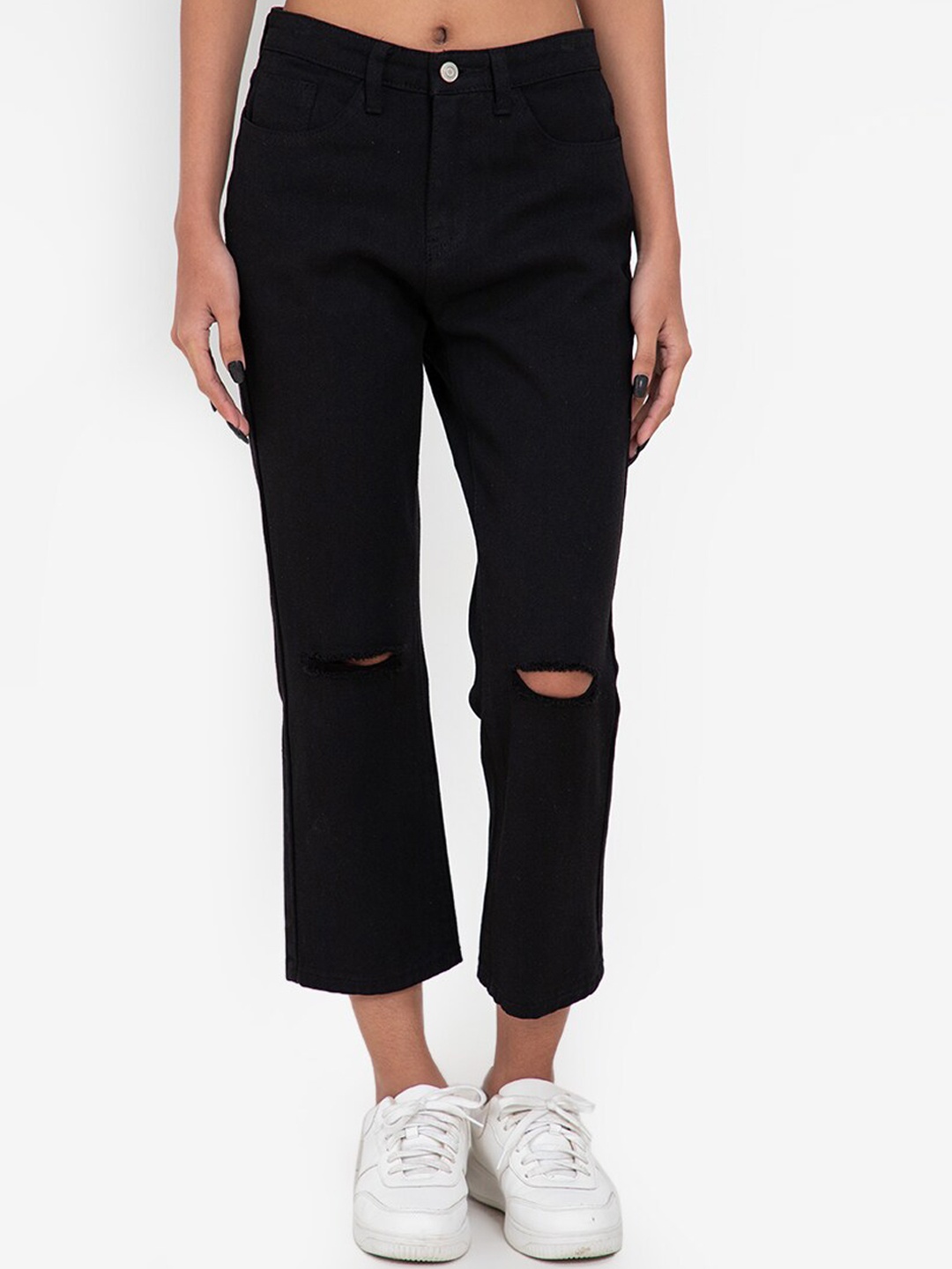 

ZALORA BASICS Women Black Straight Fit High-Rise Mildly Distressed Jeans