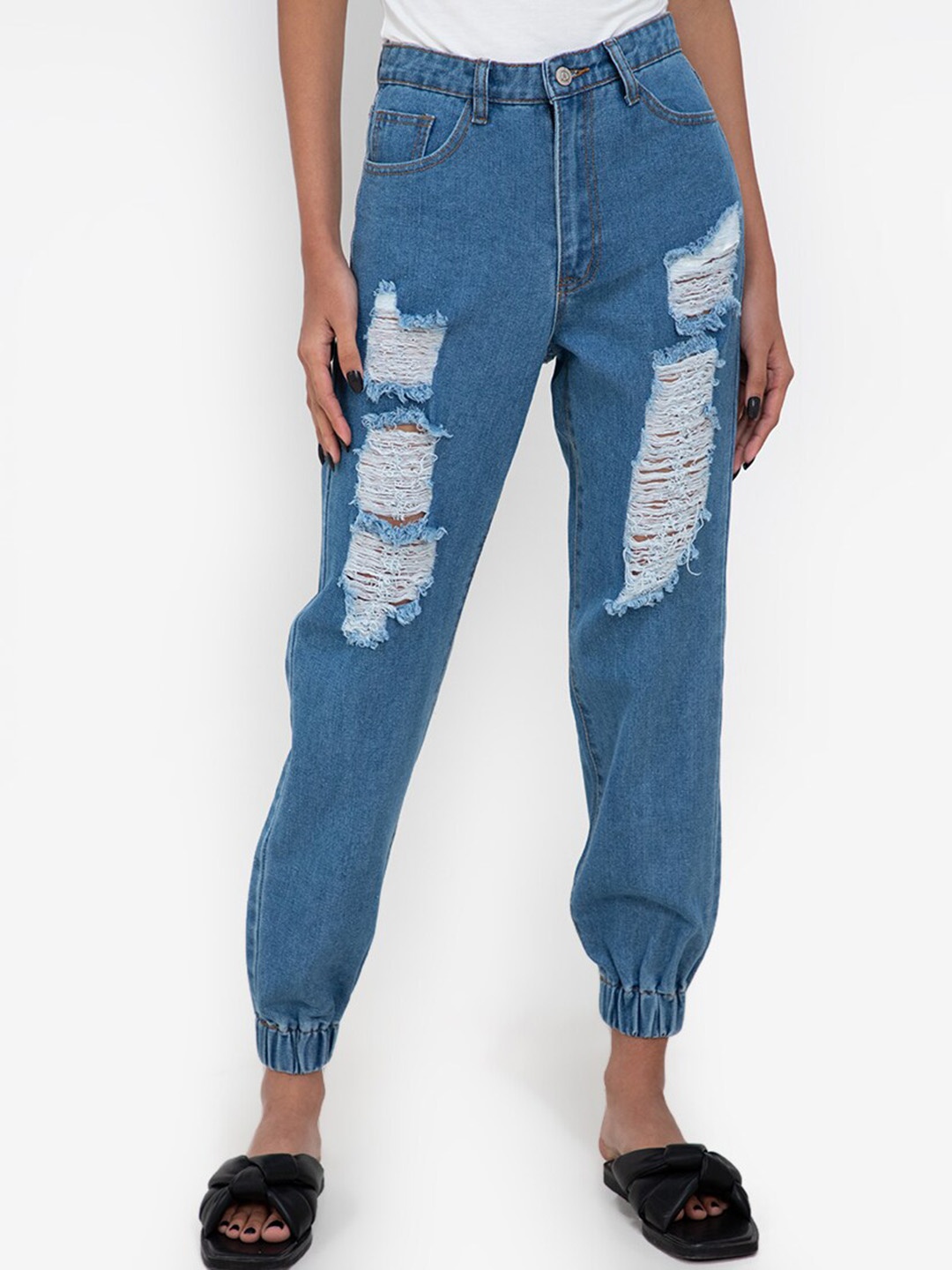 

ZALORA BASICS Women Blue High-Rise Highly Distressed Stretchable Jeans