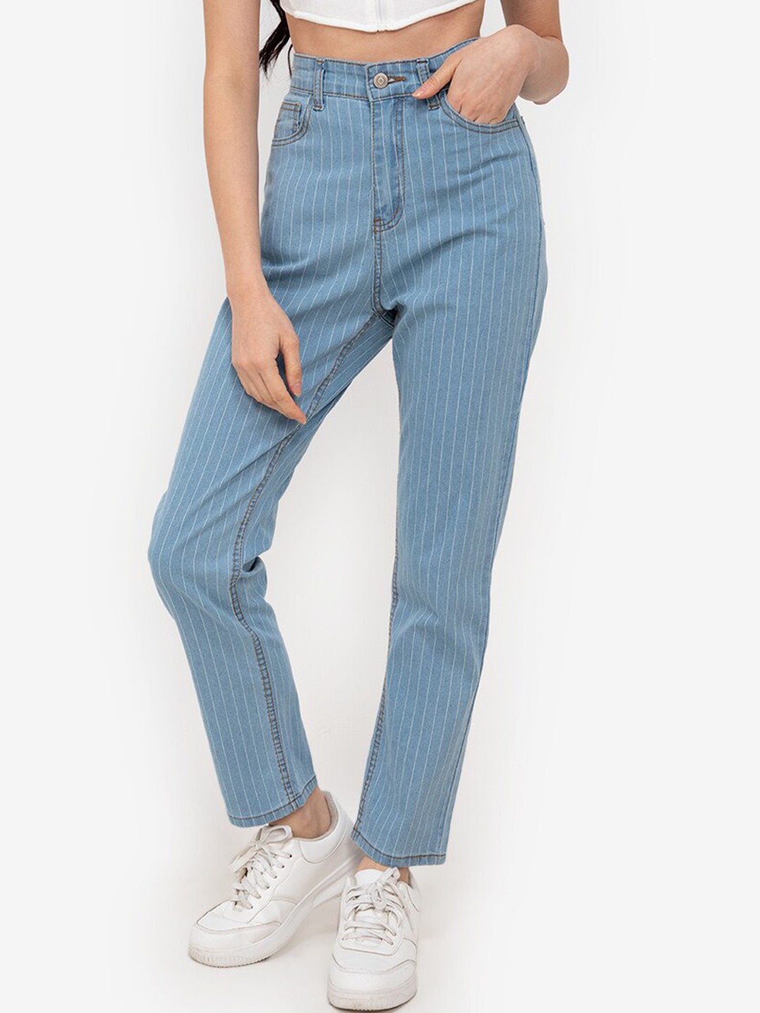 

ZALORA BASICS Women Blue Pinstripe Printed Mom Jeans