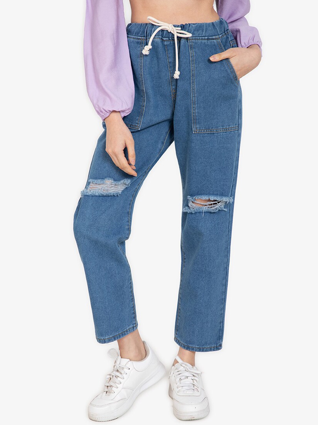 

ZALORA BASICS Women Blue High-Rise Highly Distressed Stretchable Jeans