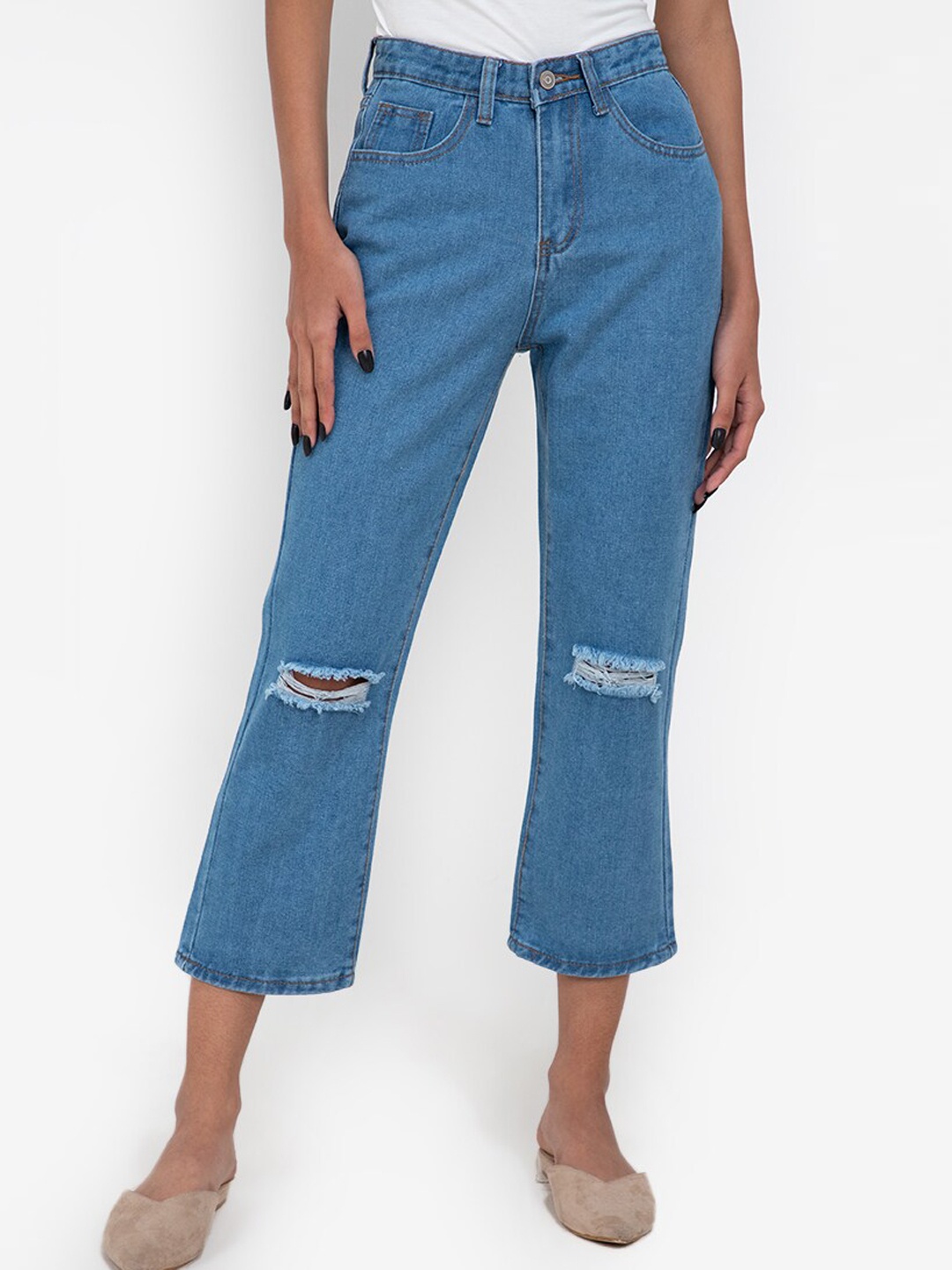 

ZALORA BASICS Women Blue High-Rise Slash Knee Jeans