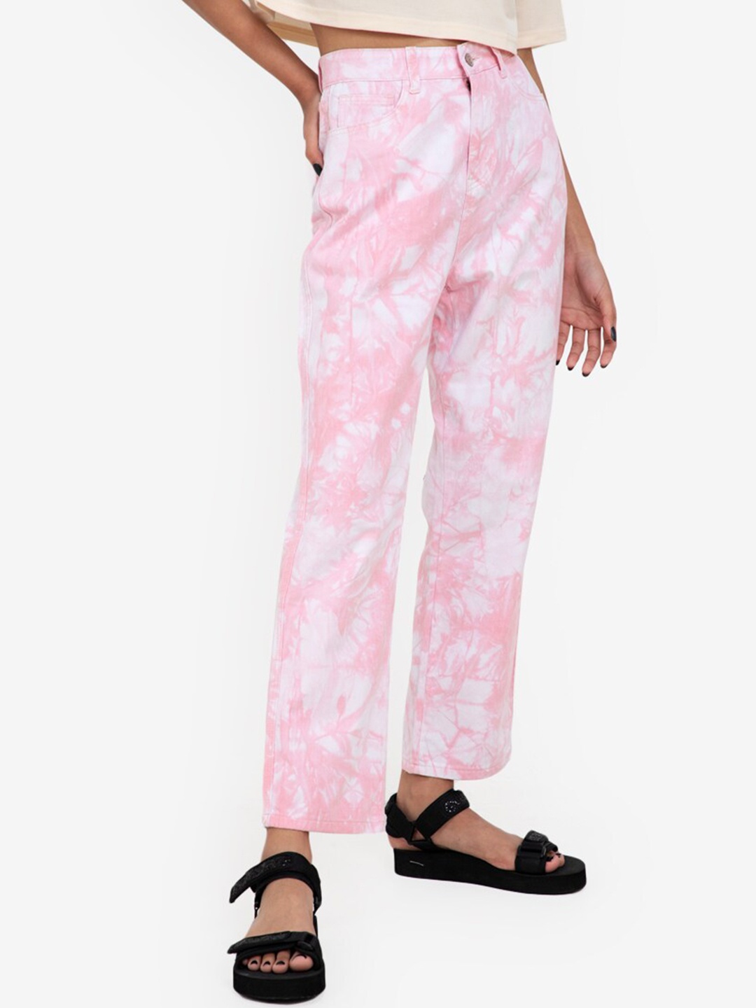

ZALORA BASICS Women Pink & White Wide Leg High-Rise Heavy Fade Tie-Dyed Jeans