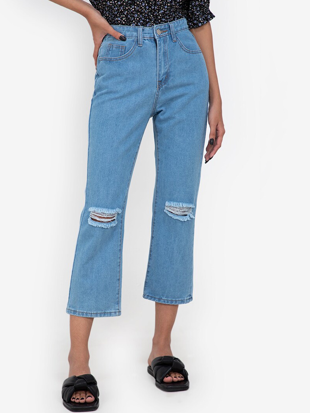 

ZALORA BASICS Women Blue High-Rise Ripped Jeans