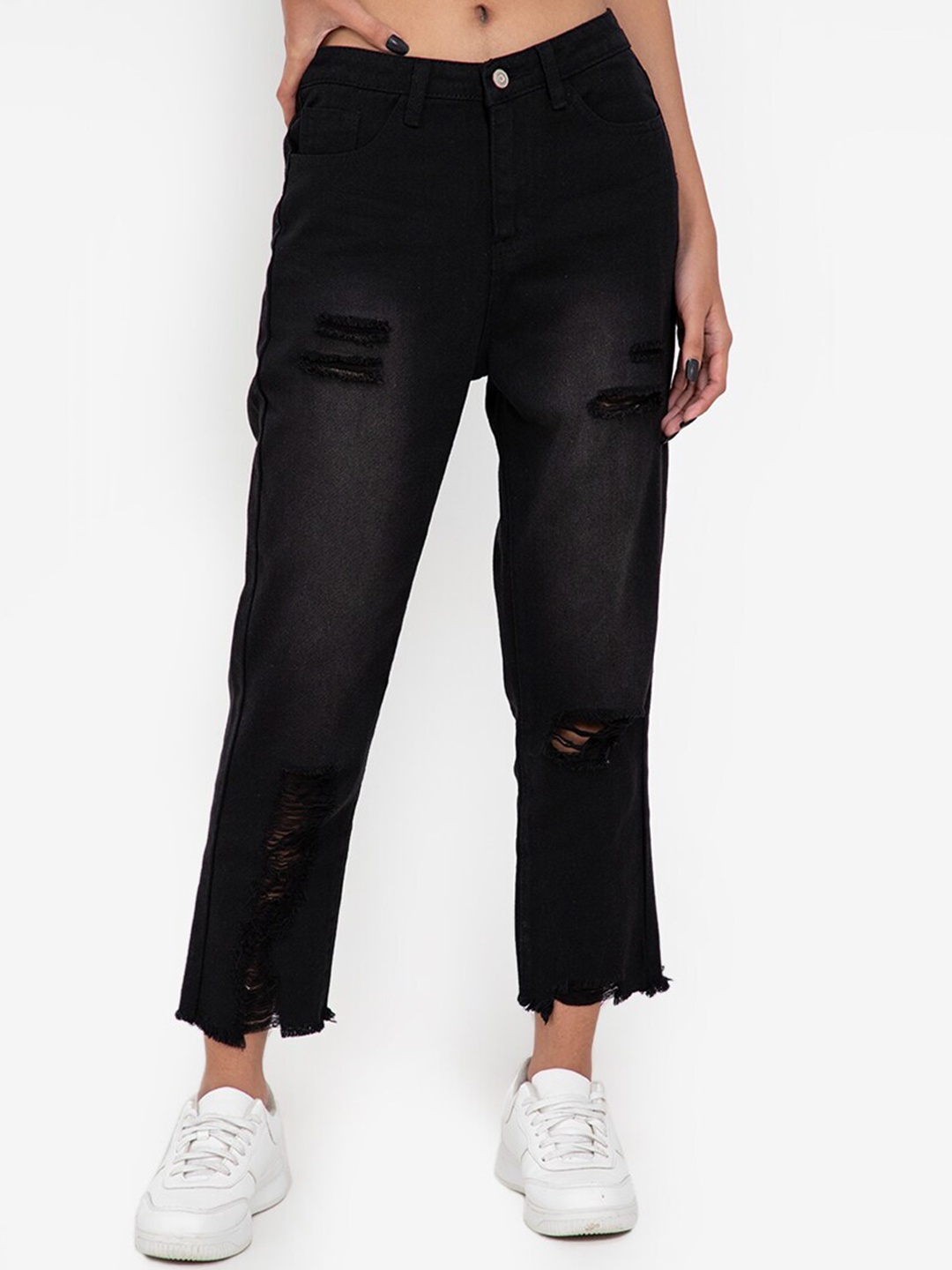 

ZALORA BASICS Women Black Highly Distressed Light Fade Jeans