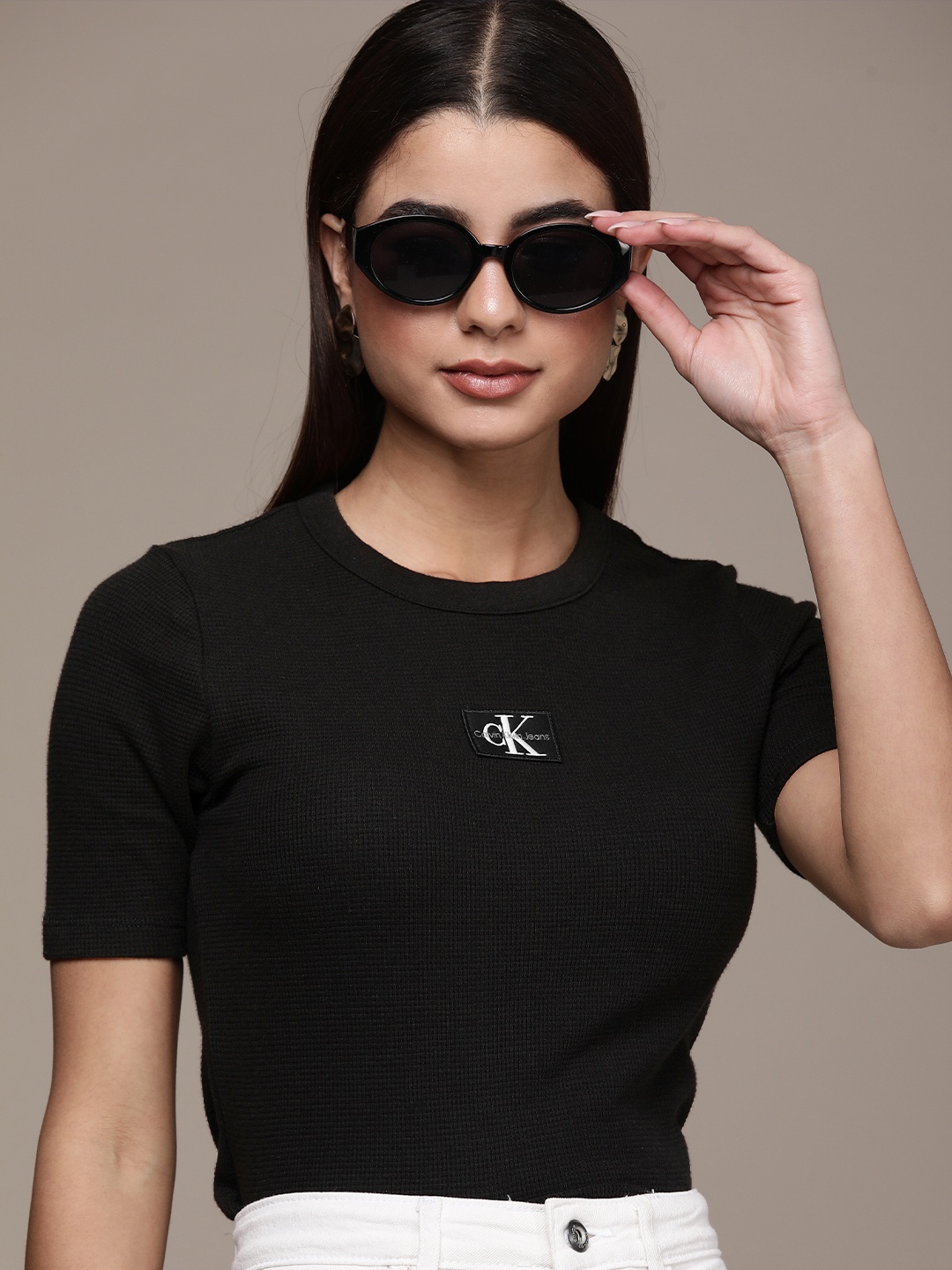 

Calvin Klein Jeans Women Black Applique Detail Slim Fit Pure Cotton T-shirt