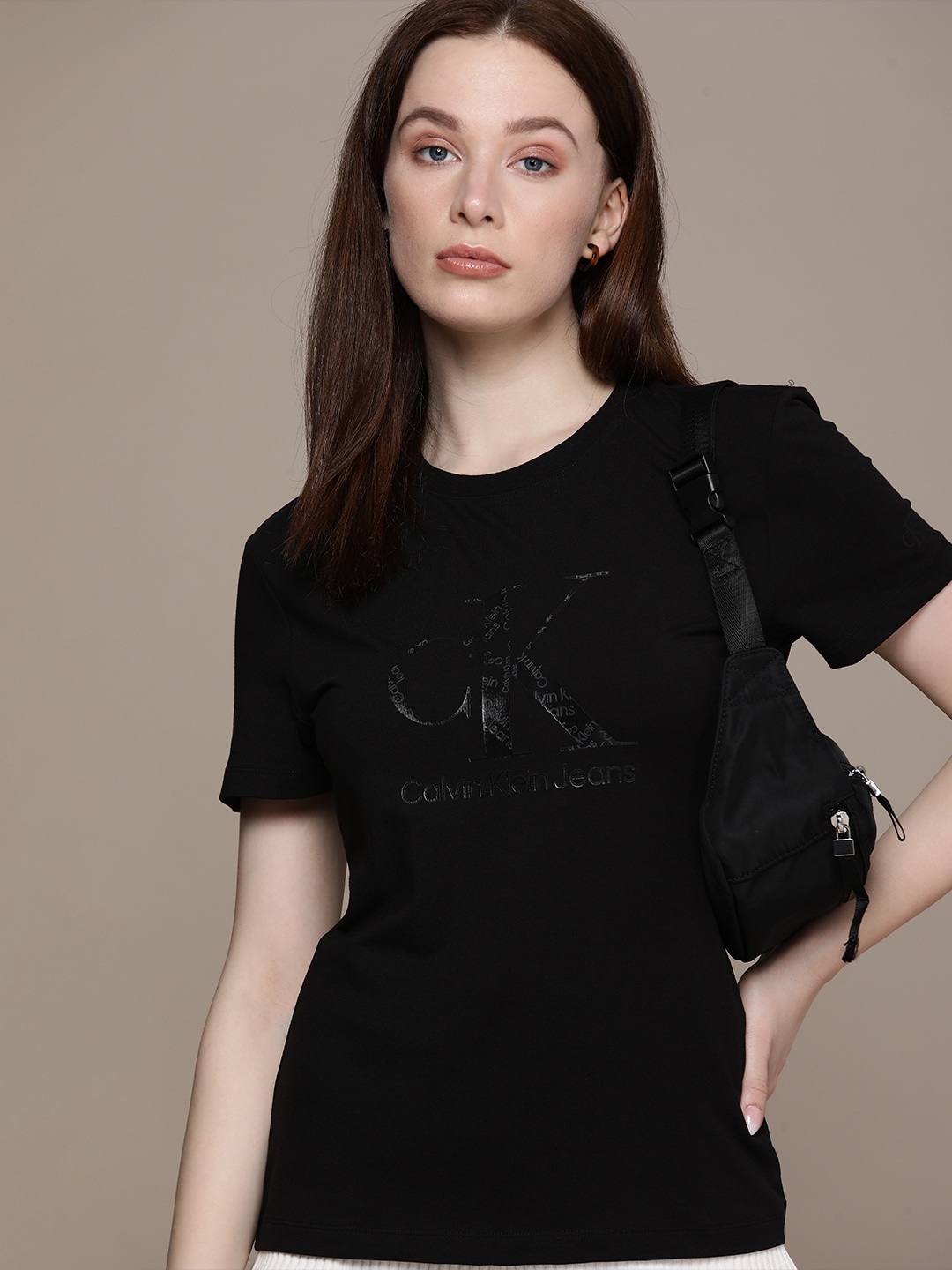 

Calvin Klein Jeans Women Black Brand Logo Printed Slim Fit T-shirt