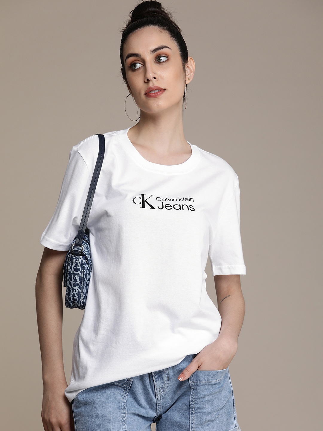 

Calvin Klein Jeans Women White Brand Logo Printed Pure Cotton T-shirt