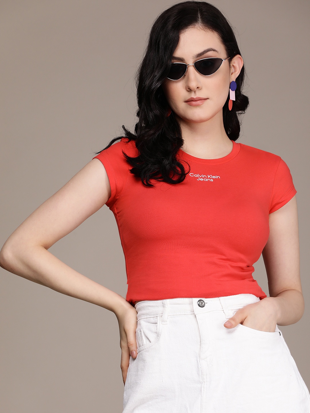 

Calvin Klein Jeans Women Red & White Printed Slim Fit T-shirt