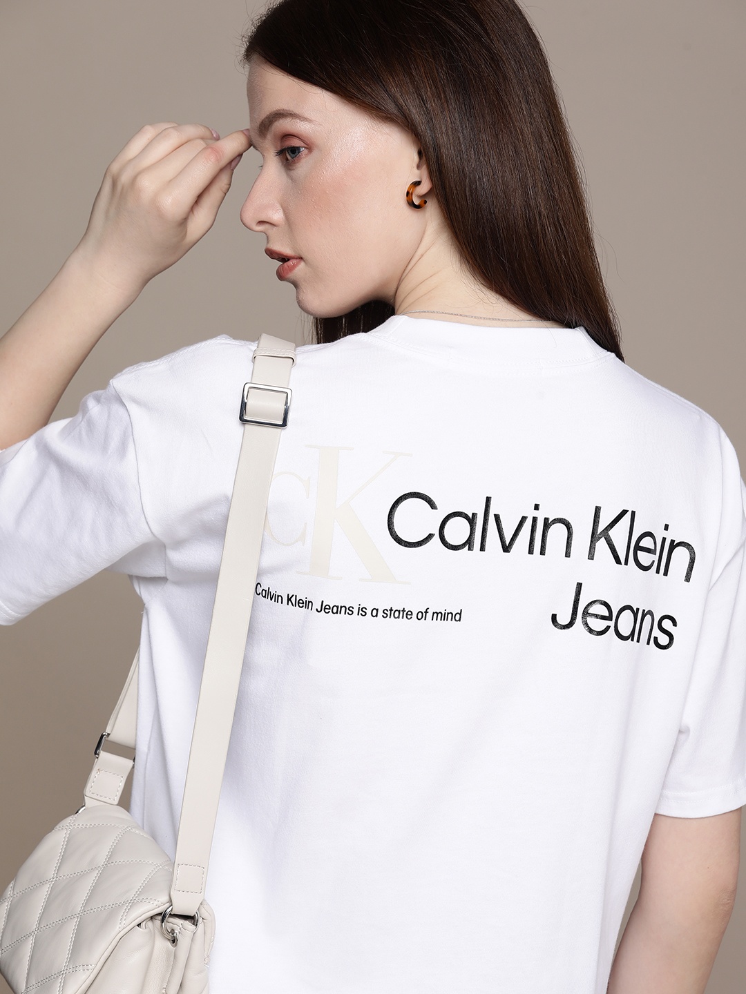 

Calvin Klein Jeans Women White & Black Brand Logo Printed Pure Cotton T-shirt