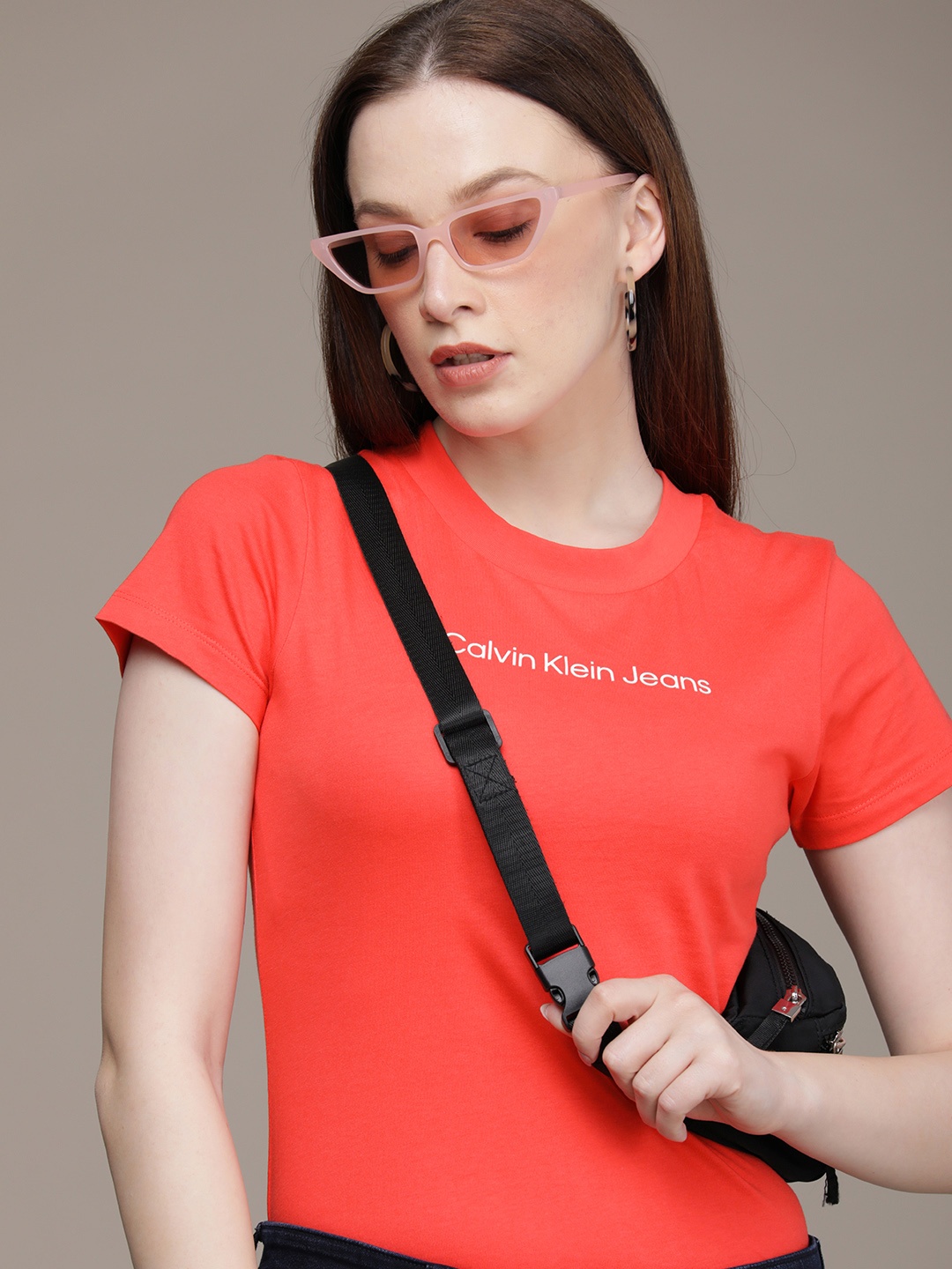 

Calvin Klein Jeans Women Red Brand Logo Printed Slim Fit Pure Cotton T-shirt