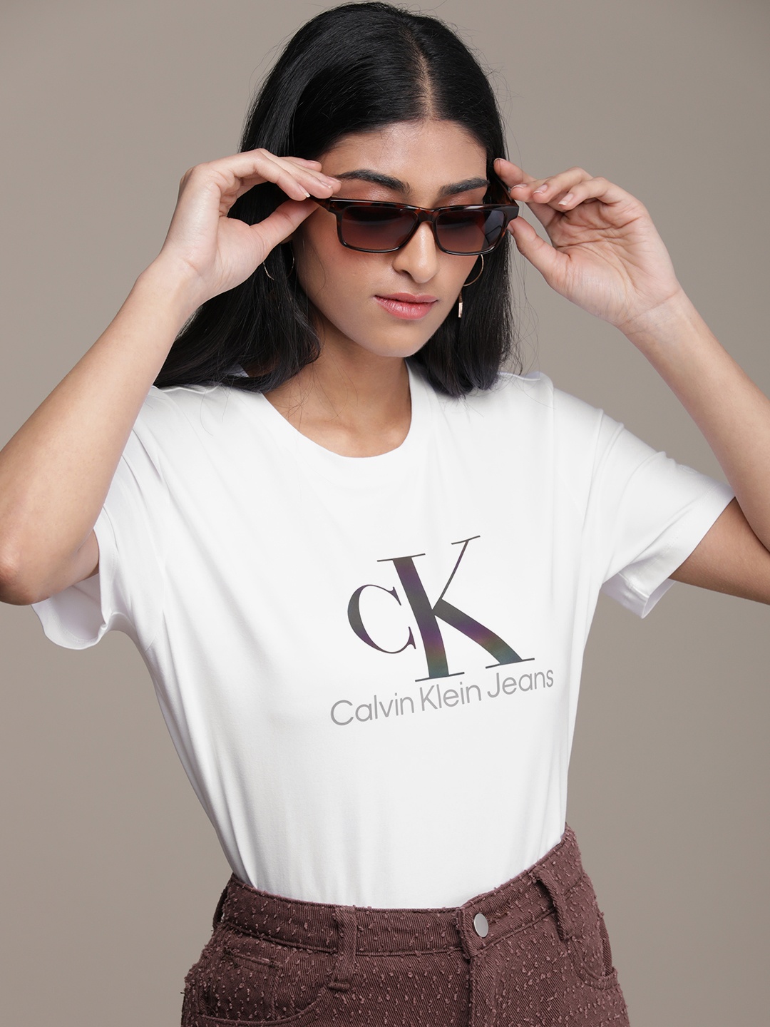 

Calvin Klein Jeans Women White Brand Logo Printed T-shirt