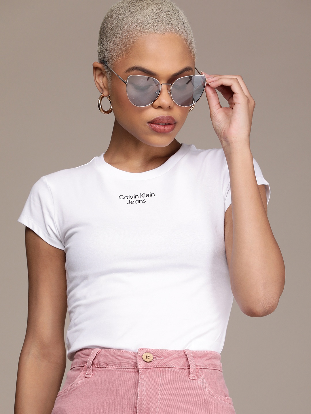 

Calvin Klein Jeans Women White & Black Printed Slim Fit T-shirt