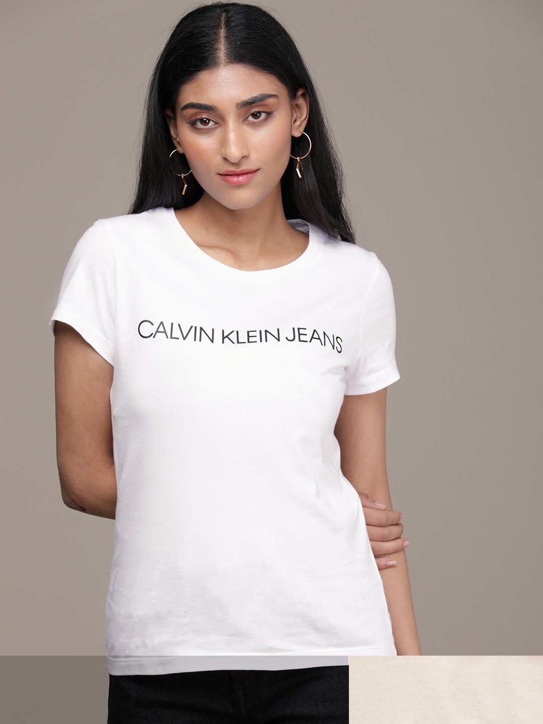 

Calvin Klein Jeans Women Pack Of 2 Brand Logo Printed Pure Cotton Slim Fit Casual T-shirts, Beige