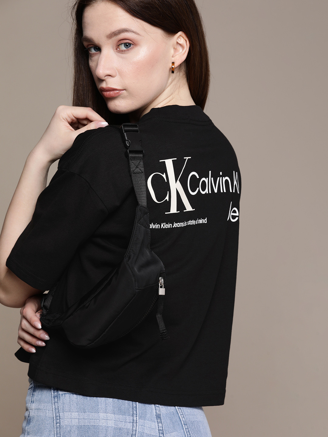 

Calvin Klein Jeans Women Black Brand Logo Printed Extended Sleeves Pure Cotton T-shirt