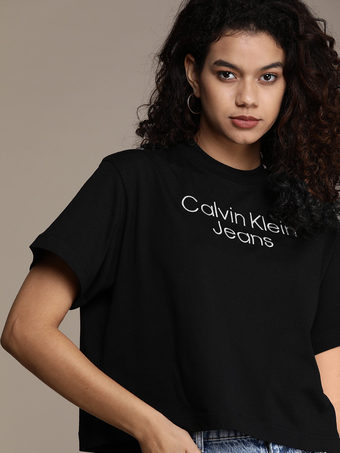 

Calvin Klein Jeans Women Black Brand Logo Embroidered Pure Cotton Loose T-shirt