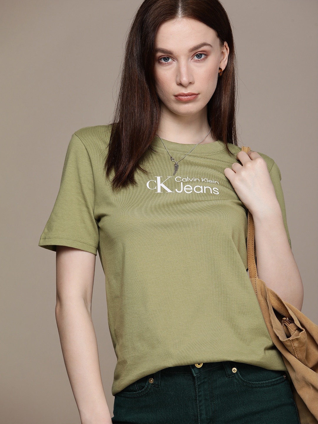 

Calvin Klein Jeans Women Olive Green Brand Logo Printed Pure Cotton T-shirt
