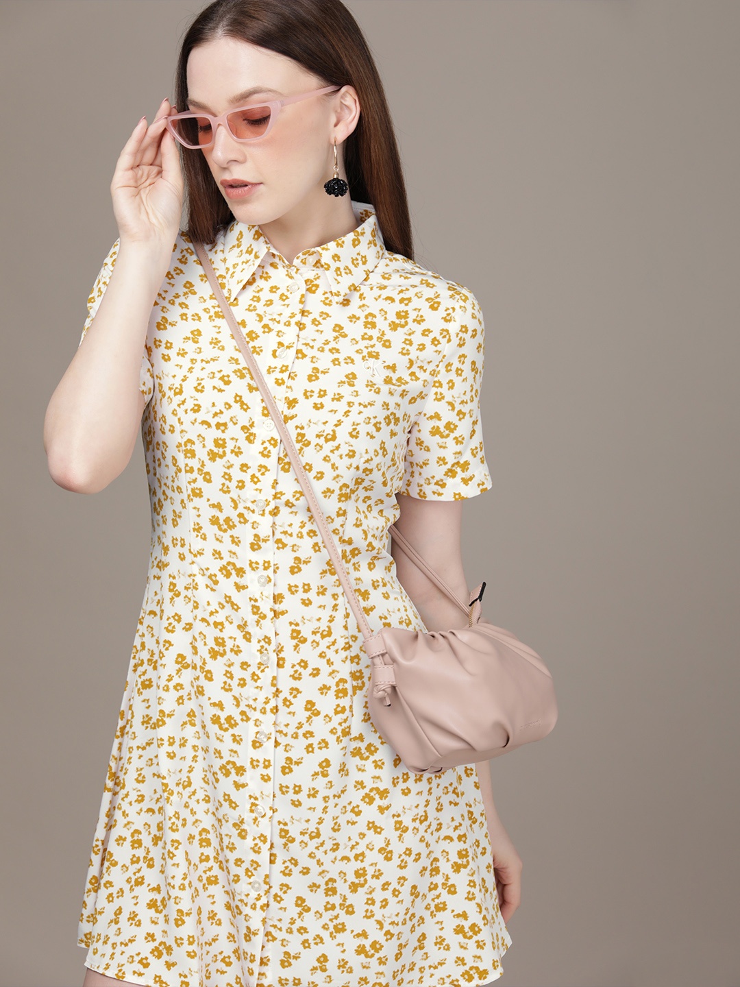 

Calvin Klein Jeans White & Mustard Yellow Floral Print Shirt Collar Embroidered Mini Dress