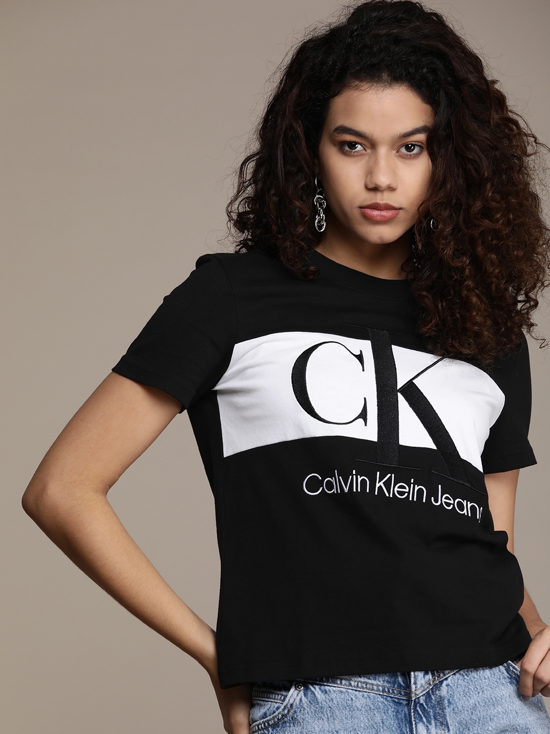 

Calvin Klein Jeans Women Black Brand Logo Printed Pure Cotton T-shirt