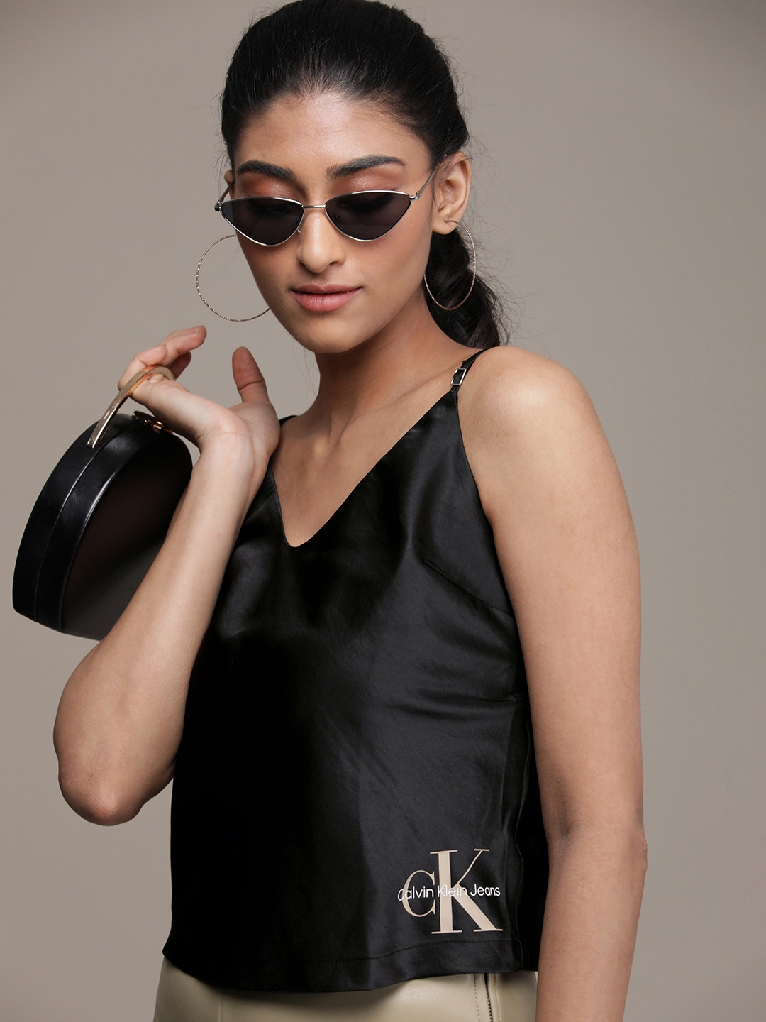 

Calvin Klein Jeans Black Brand Logo Print Blouson Crop Top