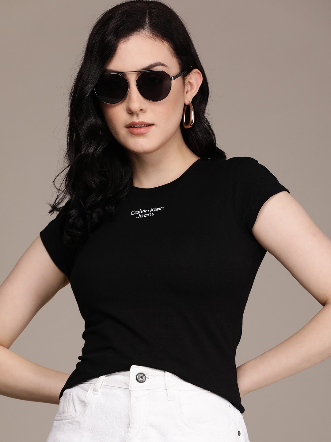

Calvin Klein Jeans Women Black & White Printed Slim Fit T-shirt