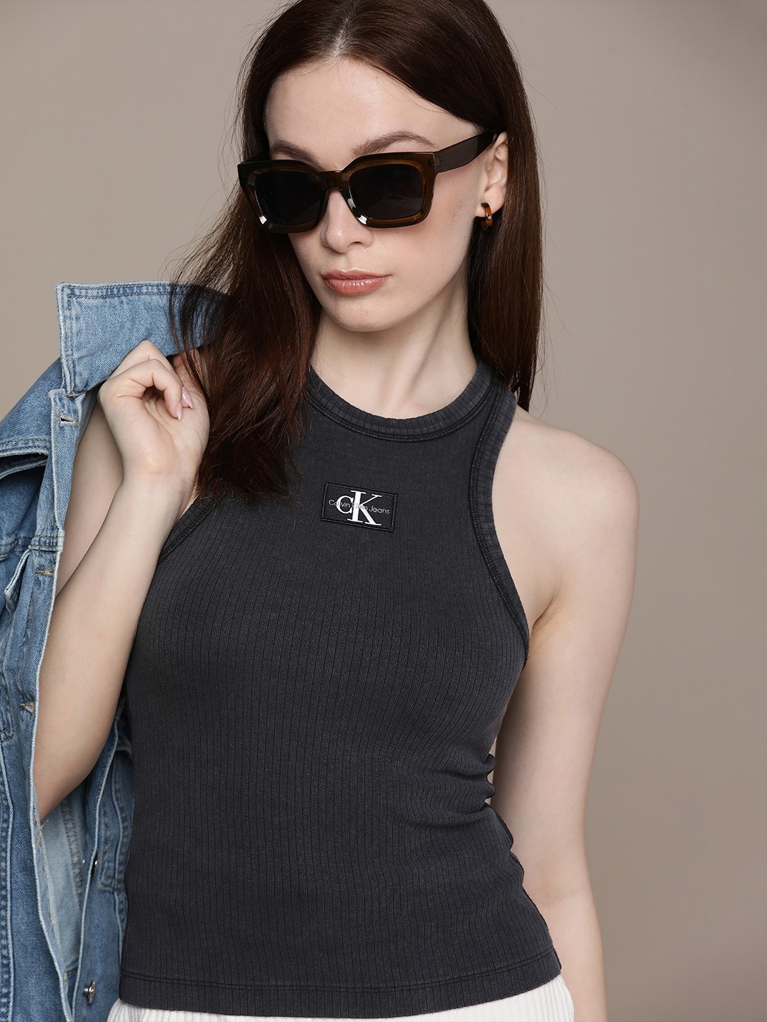 

Calvin Klein Jeans Women Black Ribbed Acid Washed Racerback Slim Fit T-shirt