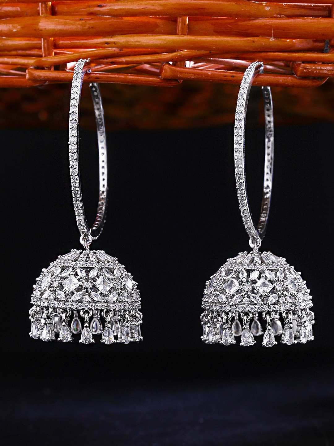 

Yellow Chimes White Silver-Plated AD/American Diamond Hoop Jhumka Earring