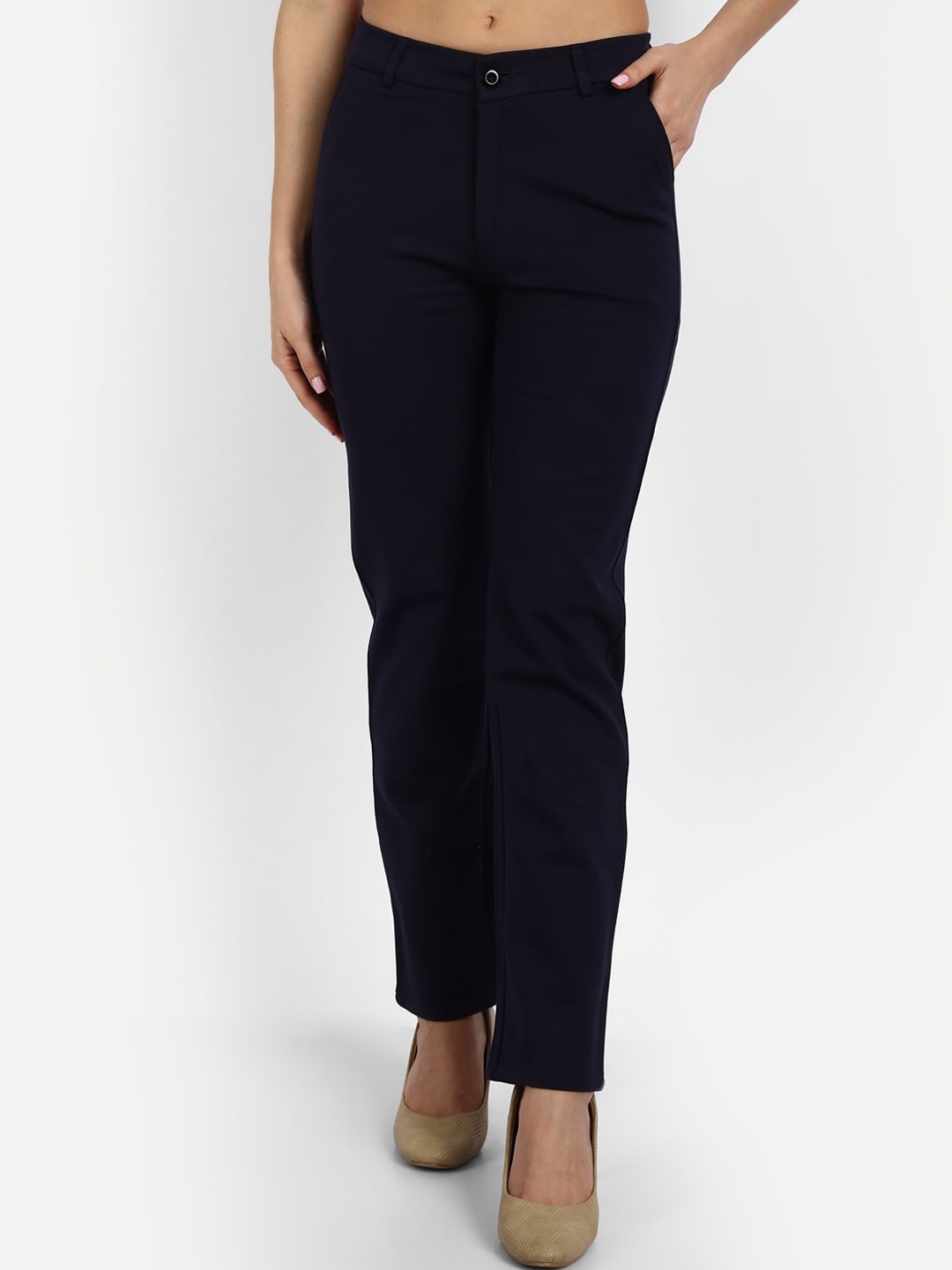 

BROADSTAR Women Navy Blue Solid Straight Fit High-Rise Trousers