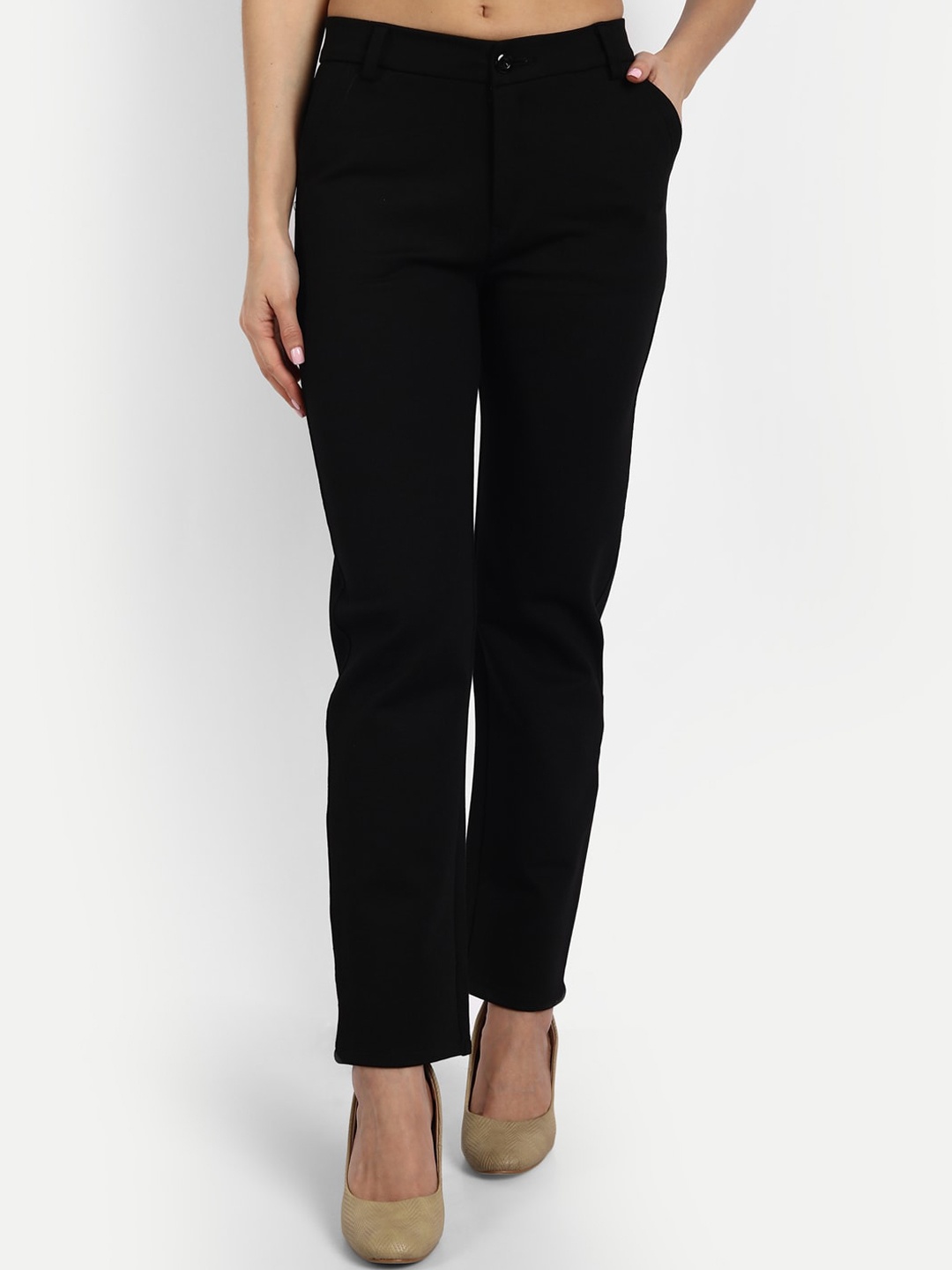 

BROADSTAR Women Black Straight Fit High-Rise Trousers