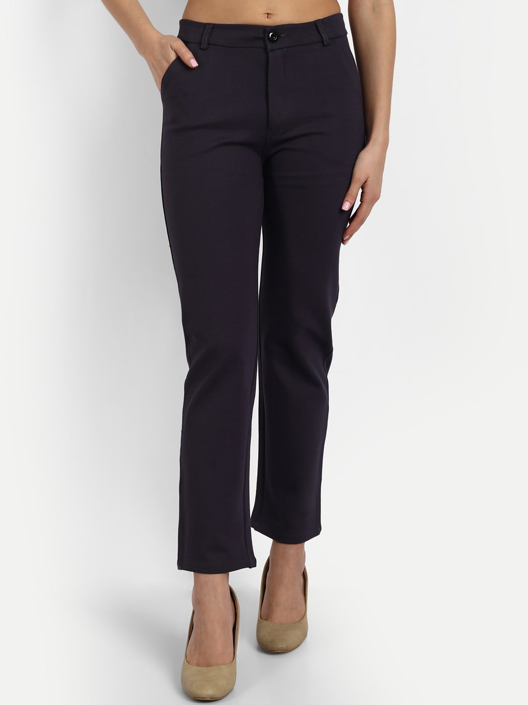 

BROADSTAR Women Charcoal Grey Straight Fit High-Rise Trousers