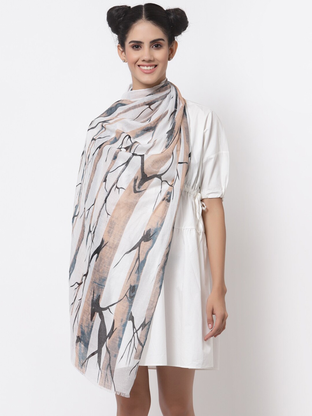 

J Style Women White & Black Cotton Printed Stole