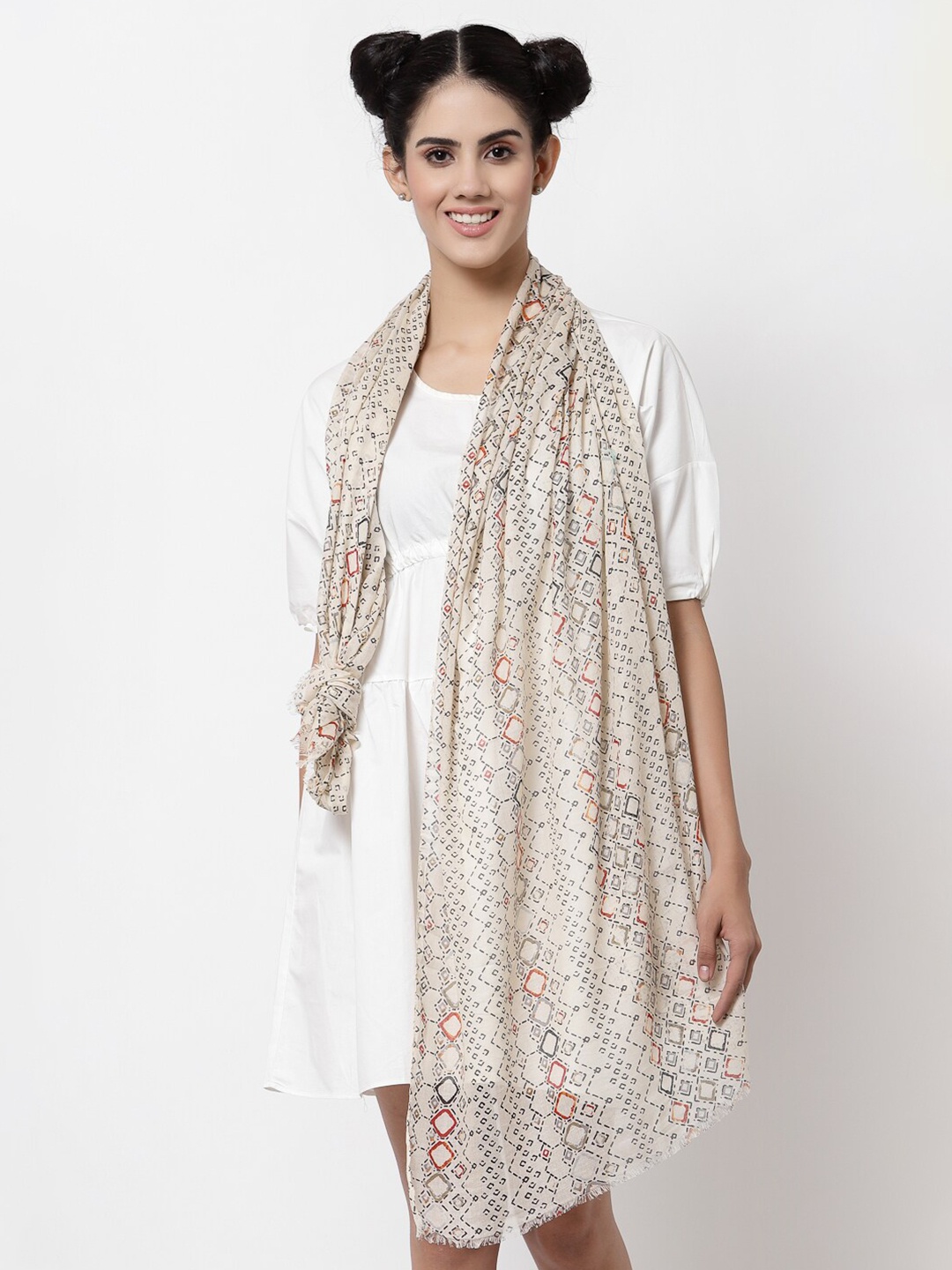 

J Style Women Cream-Coloured & Blue Printed Pure Cotton Stole