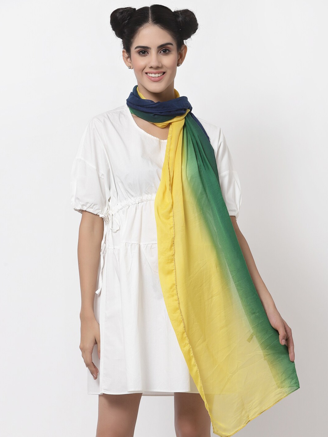 

J Style Women Yellow & Green Colourblocked Stole