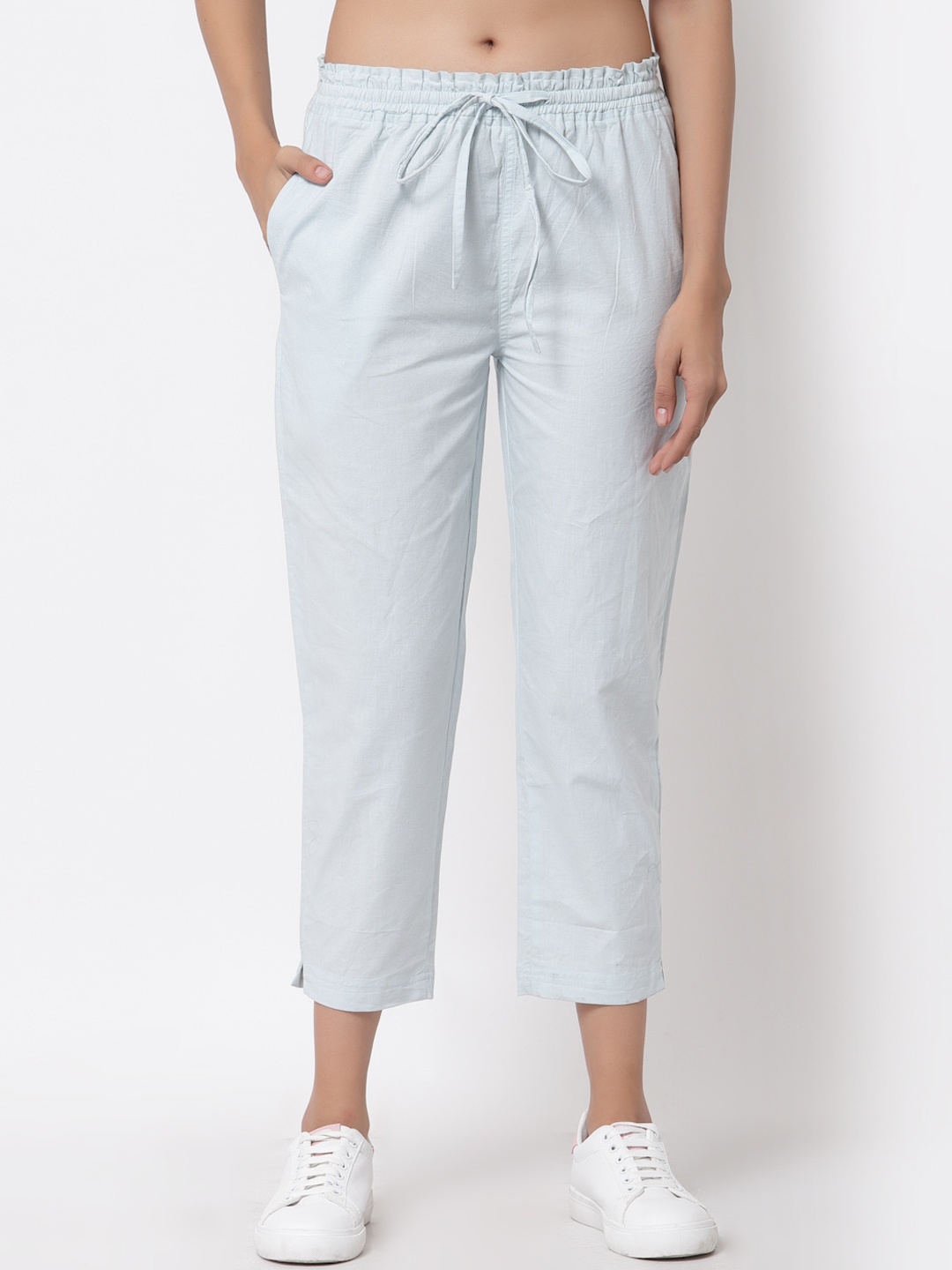 

J Style Women Blue Solid Mid-Rise Cotton Cropped Trousers