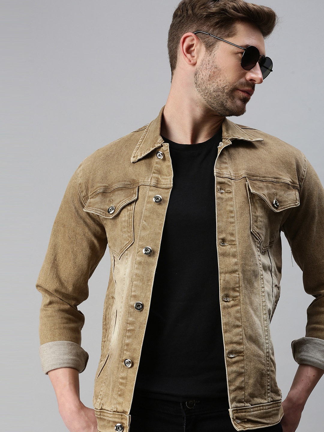 

SHOWOFF Men Khaki Washed Windcheater Denim Jacket