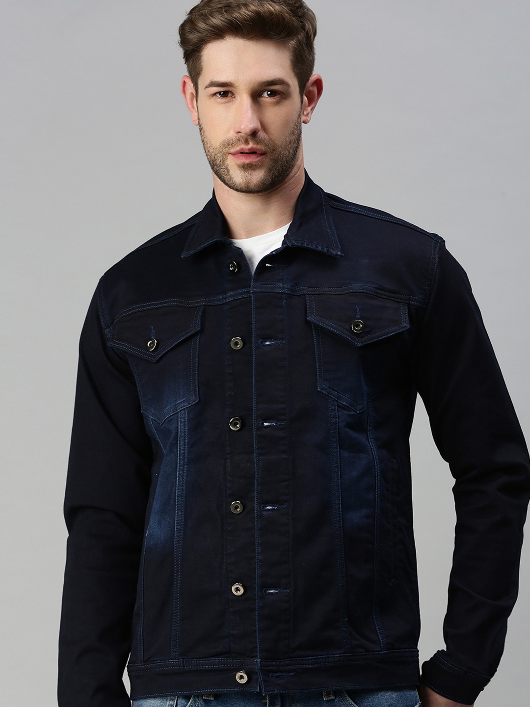 

SHOWOFF Men Navy Blue Washed Windcheater Denim Jacket