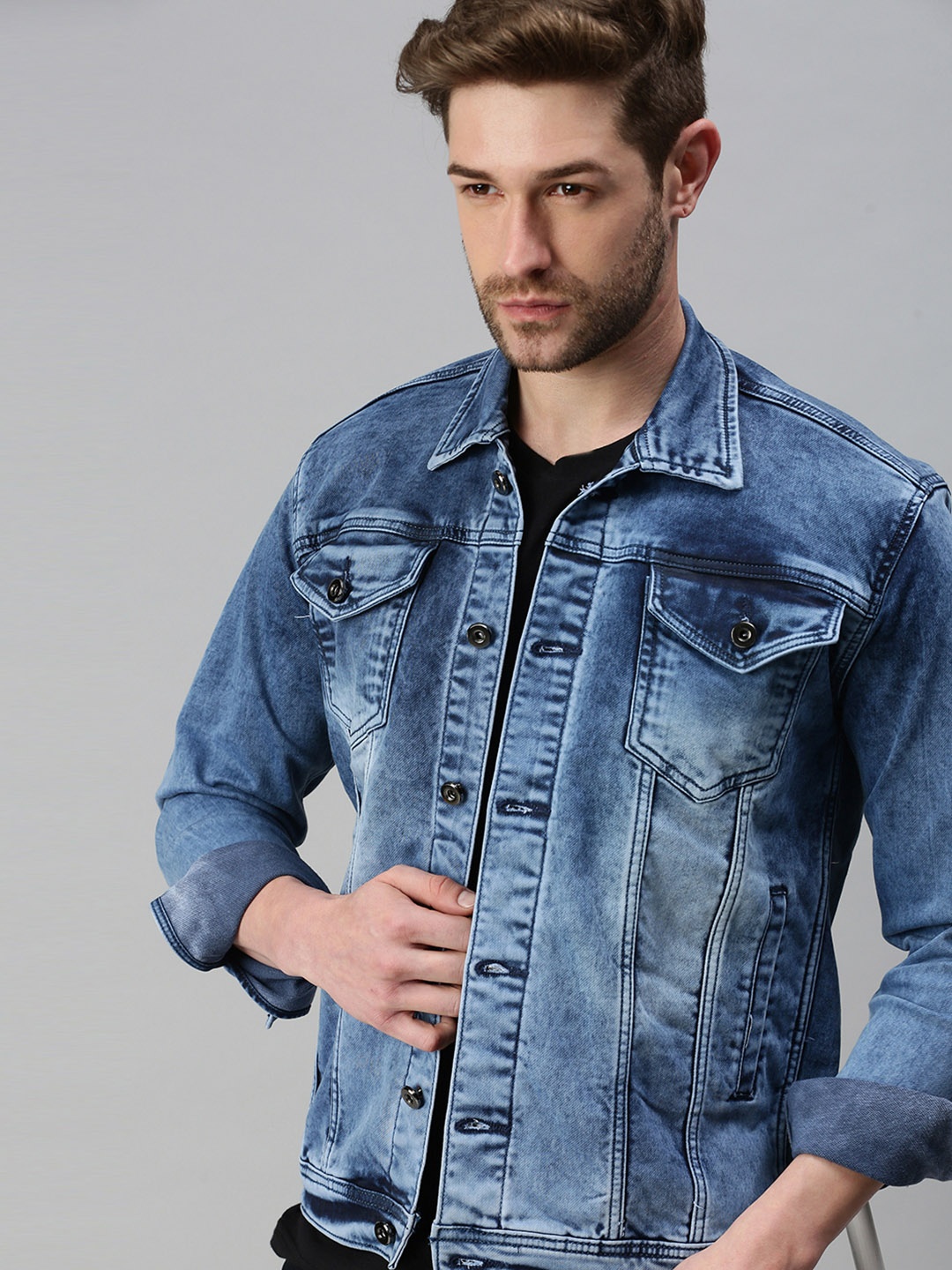 

SHOWOFF Men Blue Washed Windcheater Denim Jacket with Patchwork