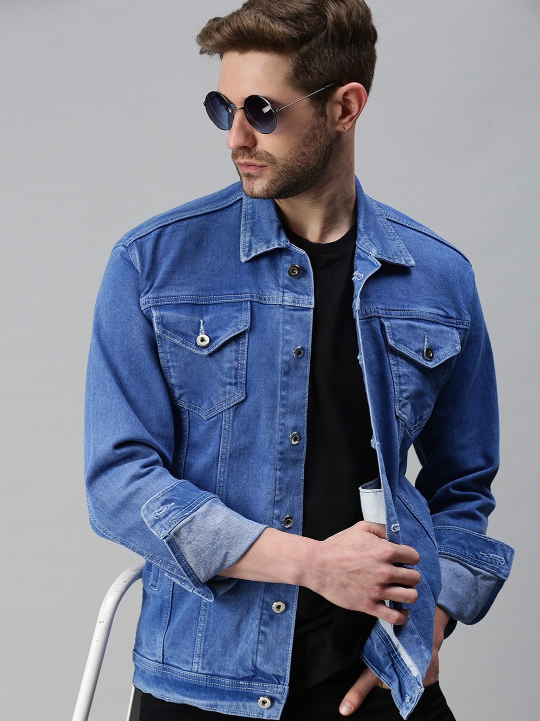 

SHOWOFF Men Blue Washed Windcheater Denim Jacket with Patchwork