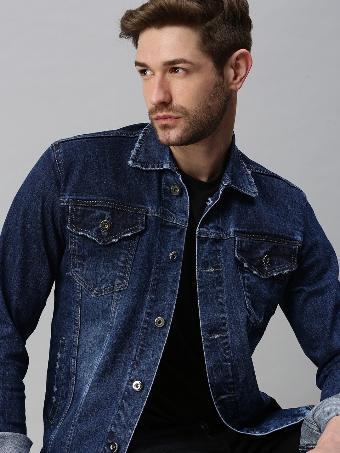 

SHOWOFF Men Blue Washed Windcheater Denim Jacket