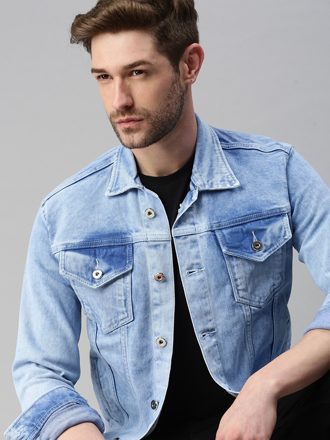 

SHOWOFF Men Blue Washed Windcheater Denim Jacket with Embroidered