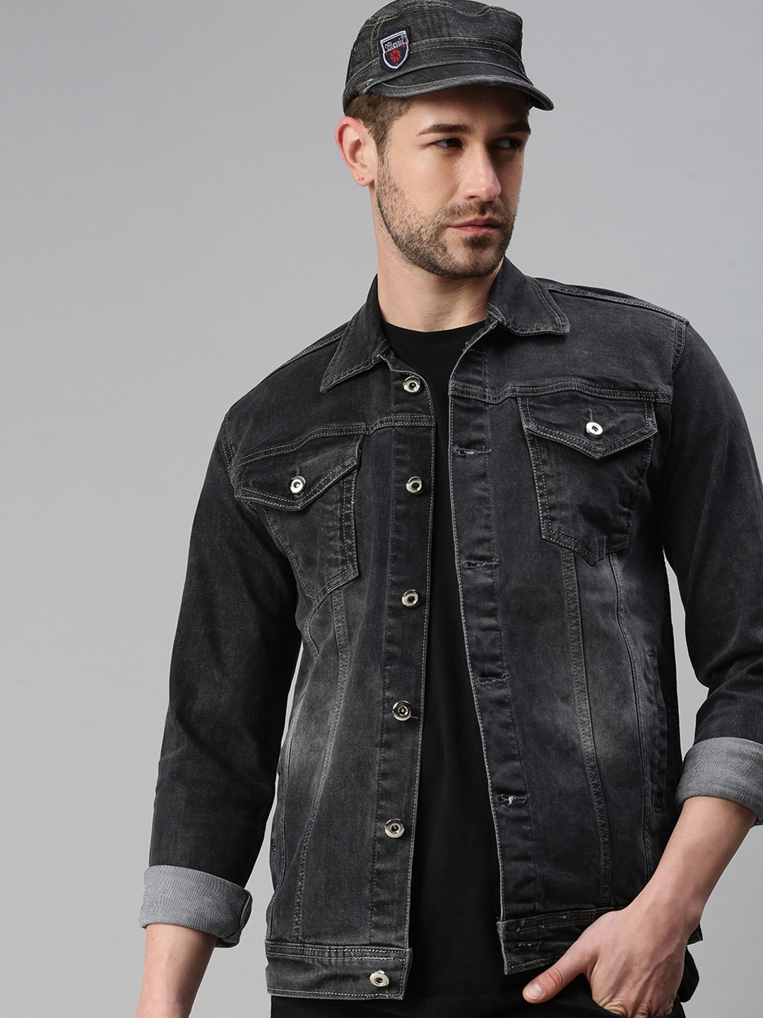 

SHOWOFF Men Grey Washed Windcheater Denim Jacket