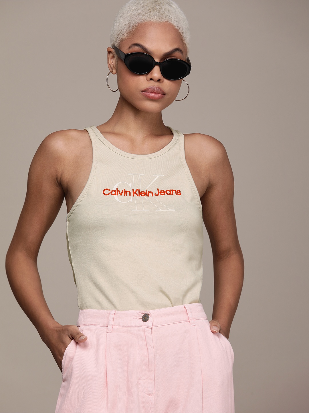 

Calvin Klein Jeans Women Beige & Red Printed Racerback Slim Fit T-shirt