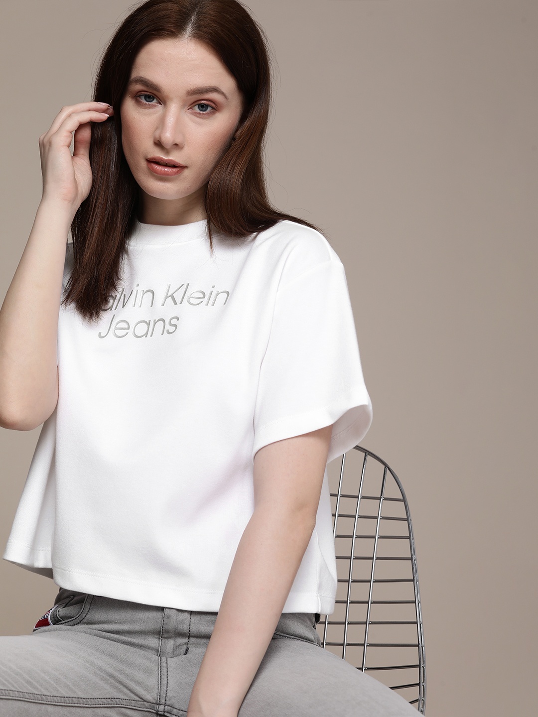 

Calvin Klein Jeans Women White Brand Logo Printed T-shirt
