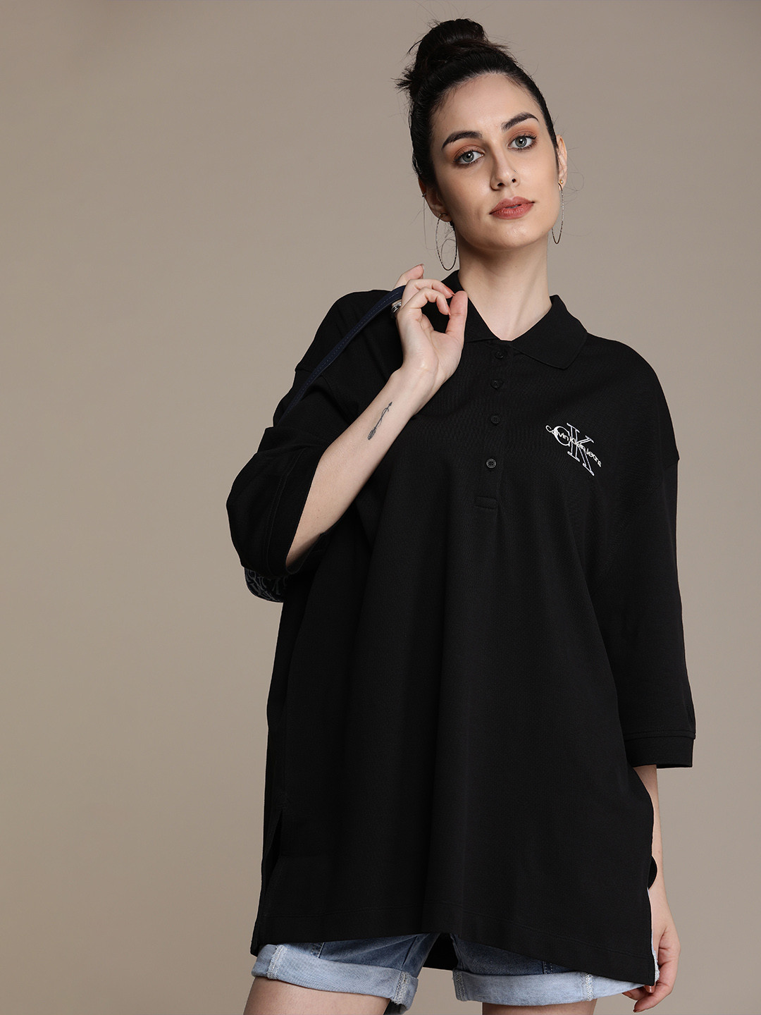 

Calvin Klein Jeans Women Black Polo Collar Drop-Shoulder Sleeves Oversized T-shirt