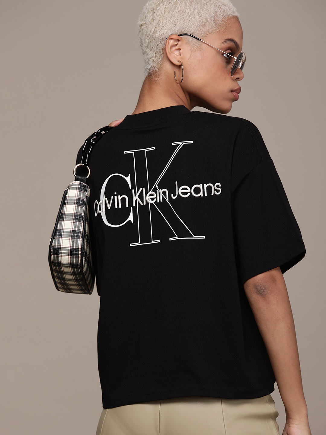 

Calvin Klein Jeans Women Black Brand Logo Printed Pure Cotton T-shirt