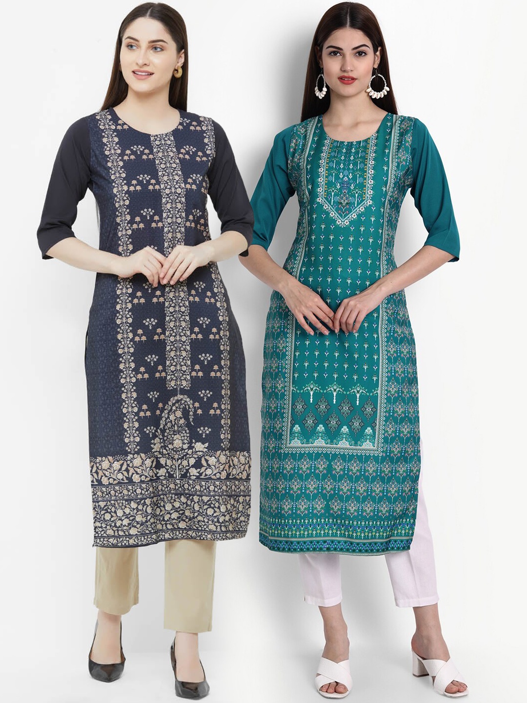 

Ethnic basket Women Navy Blue & Teal Pack Of 2 Printed Kurtas