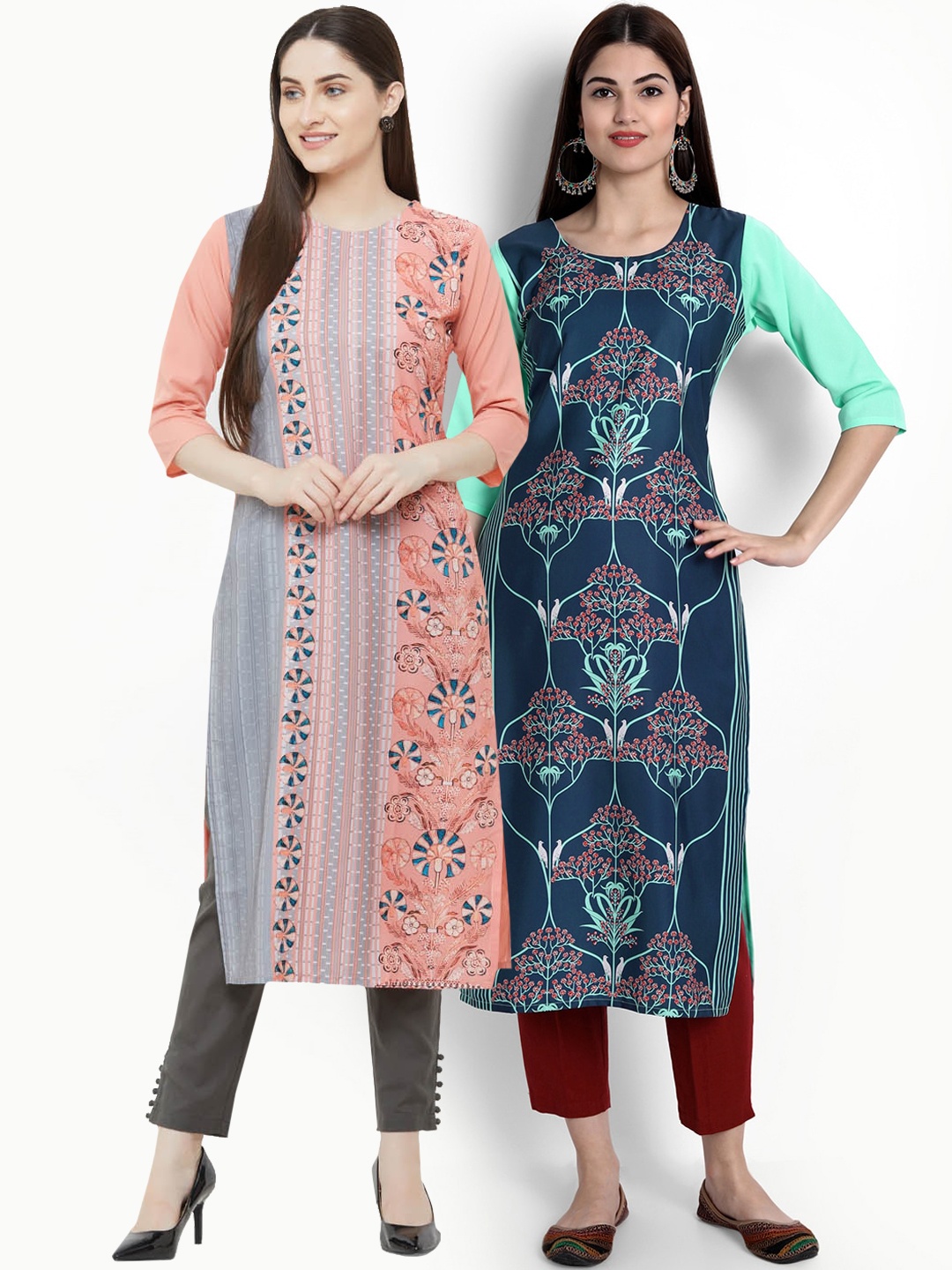 

Ethnic basket Women Pink & Blue Geometric Printed Crepe Kurta
