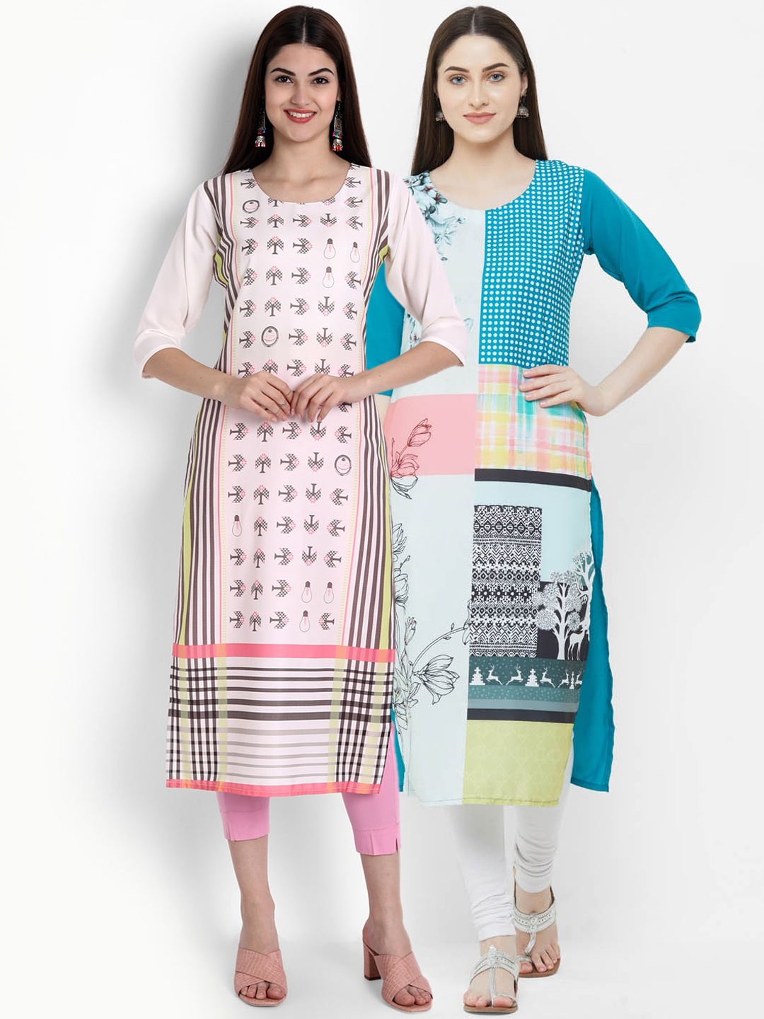 

Ethnic basket Women Pink & Blue Geometric Printed Crepe Kurta
