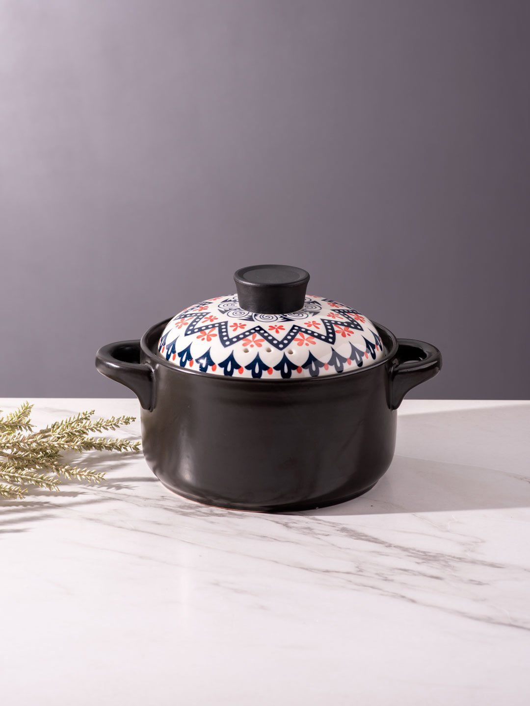 

THEDECORKART Black & White Printed Ceramic Casserole With Lid
