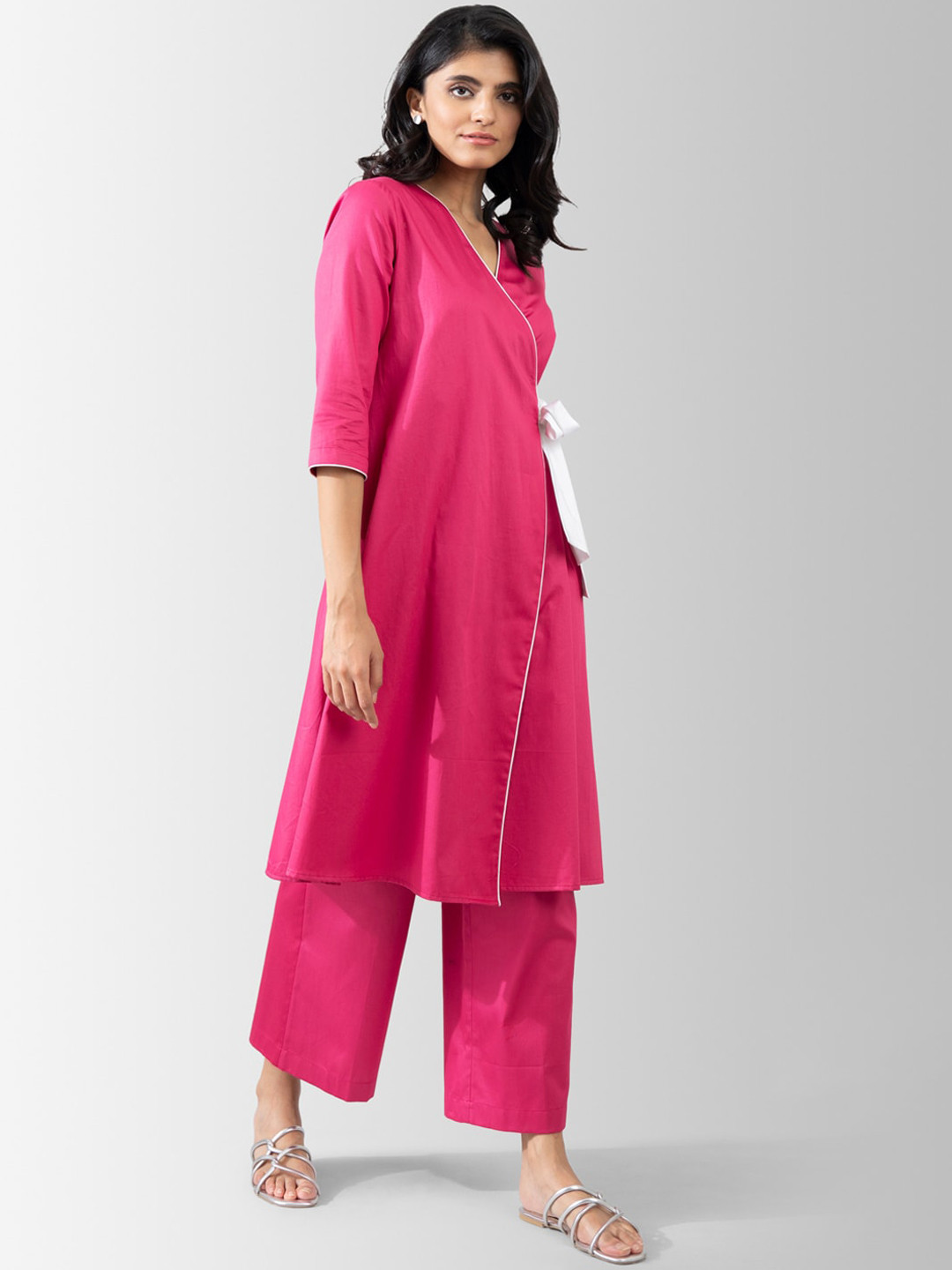 

Pink Fort Women Fuchsia Angrakha Pure Cotton Kurta with Trousers