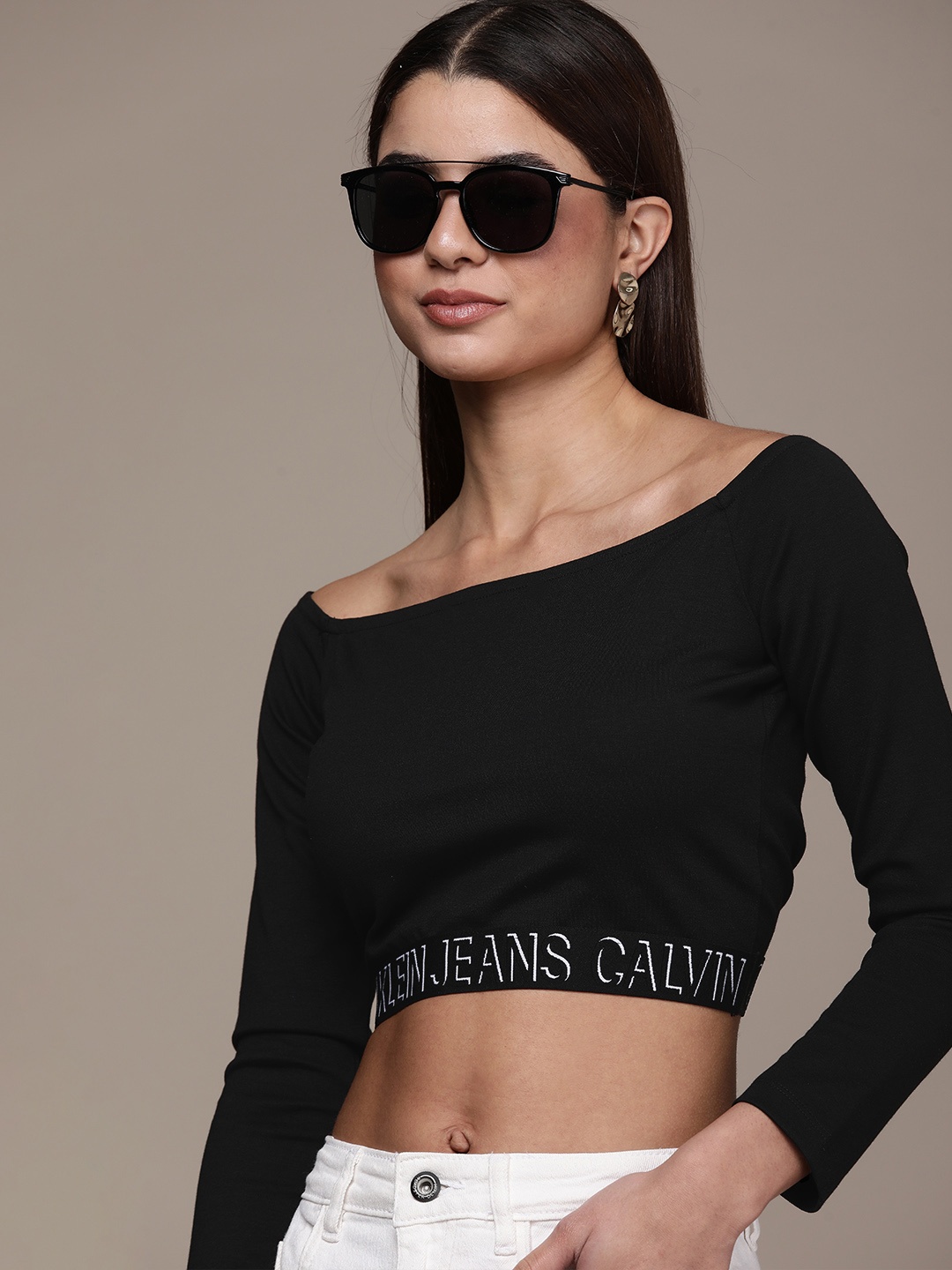 

Calvin Klein Jeans Black Brand Logo Elastic Bardot Crop Top